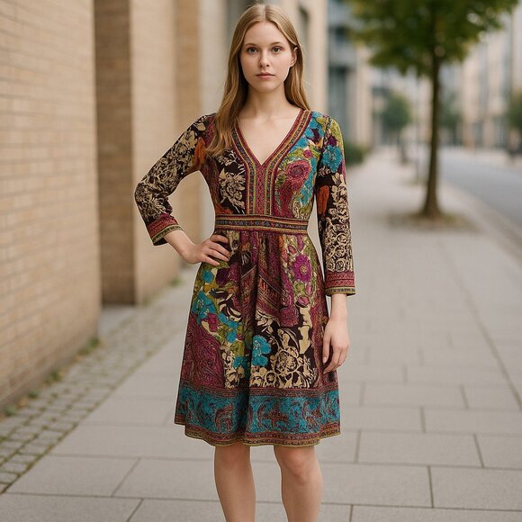 Floral Boho Dress Women's S Knit Stretch V Neck Tie Long Sleeve Brown & Purple - Picture 1 of 13